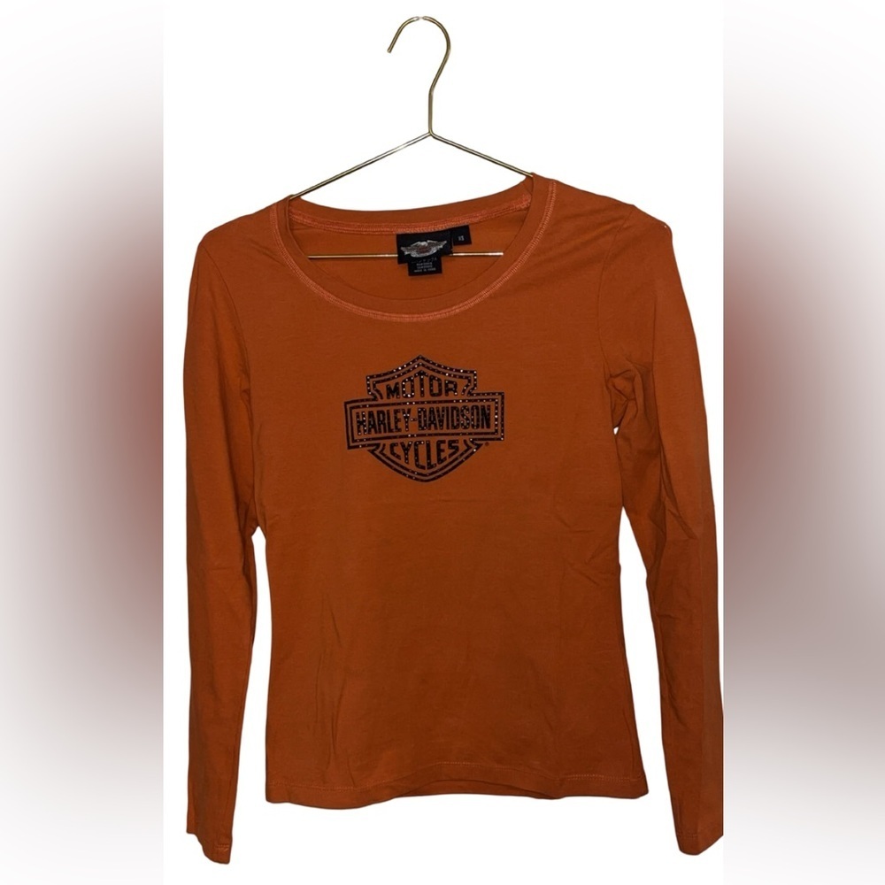 Harley Davidson Woman's Orange Long Sleeve Rhinestone Shirt Size XS P2P 16" - Picture 2 of 5